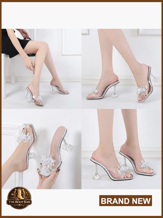 Amazon.com | WYUETRA Women Stiletto Heel Sandals Crystal Flower Square Toe Slip On Wedding Dress Slides